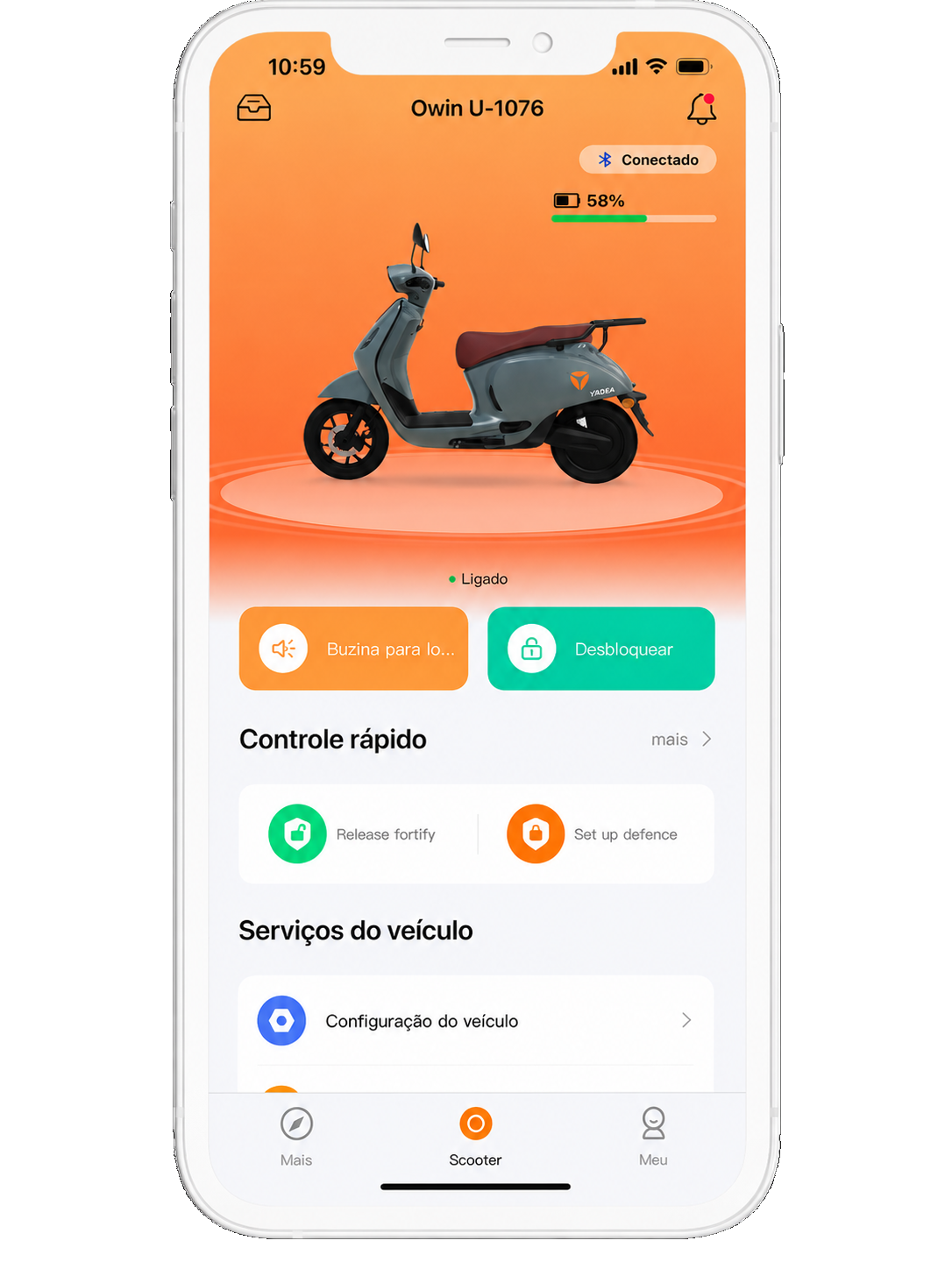 Tela do aplicativo Yadea em um smartphone